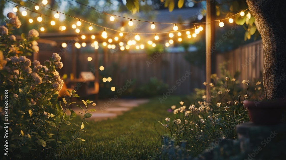 Fototapeta premium A lambent glow of fairy lights strung across a backyard, softly illuminating a peaceful evening gathering.