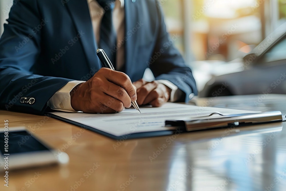 Businessman Filling Car Sale Contract with Number Plate on Desk: Close-up View of Placeholder Text on Contract Paper Businessman Filling Car Sale Contract with Number Plate on Desk: Close-up View of Placeholder Text on Contract Paper