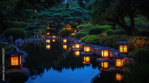 A lambent glow of lanterns lining a serene Japanese garden at night, softly lighting the tranquil scene.