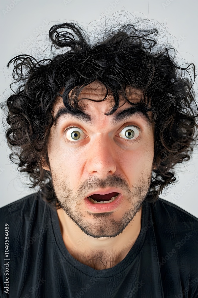 Close-up of a man with curly hair and a humorous Close-up of a man with curly hair and a humorous
