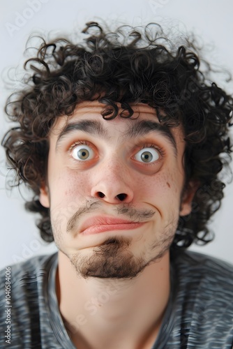 Close-up of a man with curly hair and a humorous