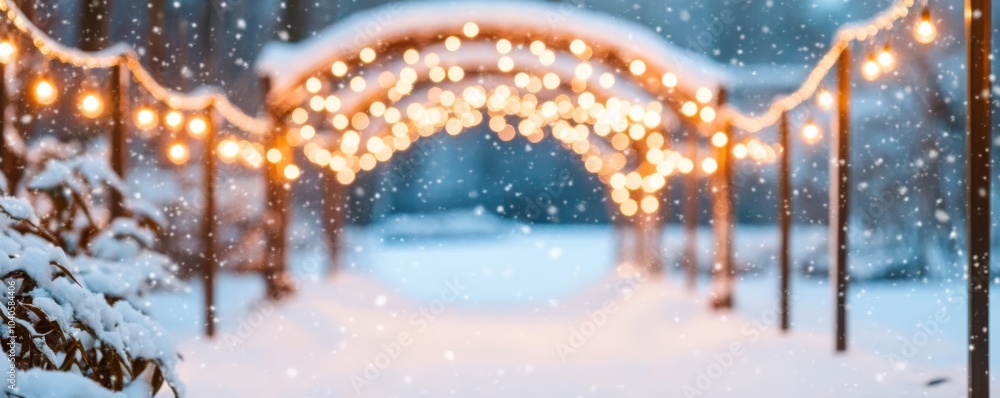 Fototapeta premium String lights wrapped around a snow-covered garden archway, creating holiday magic