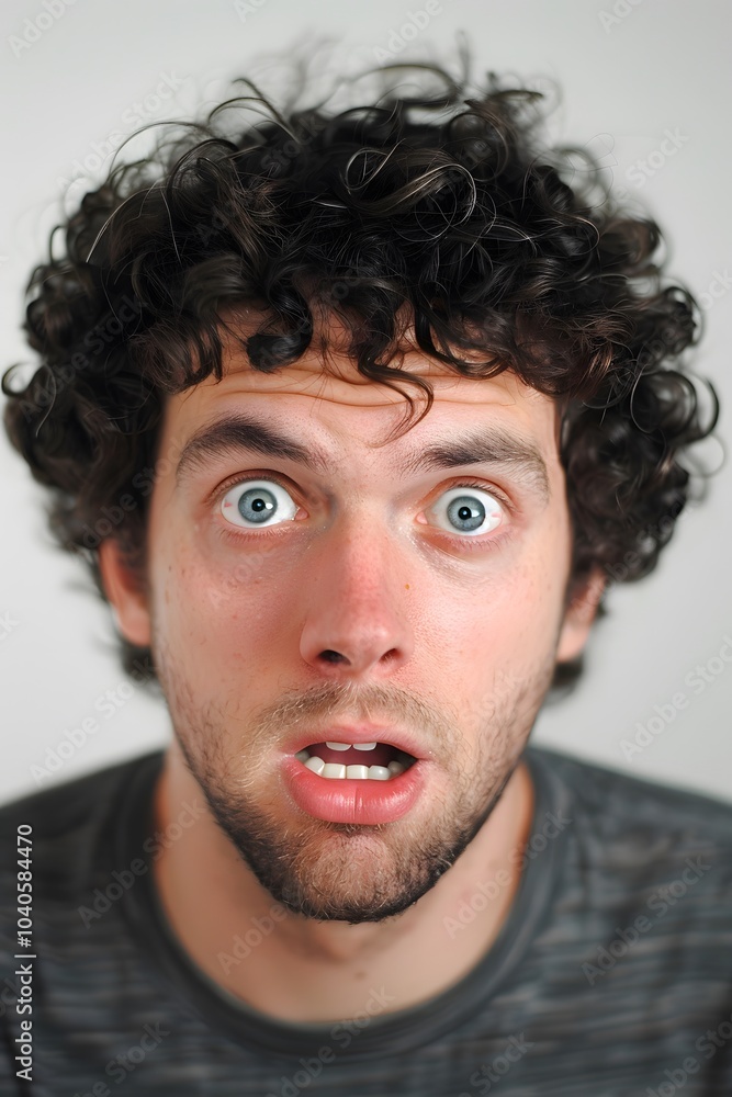 Close-up of a man with curly hair and a humorous Close-up of a man with curly hair and a humorous