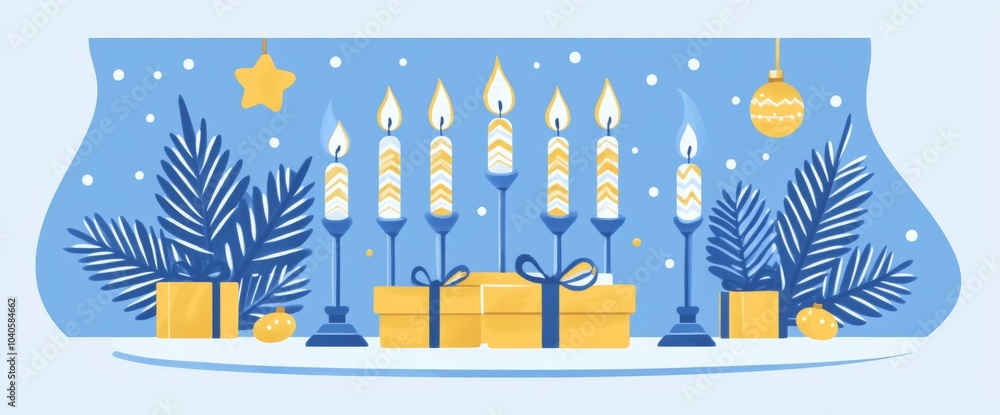 Decorative candle arrangement with gifts and holiday elements showcased in a festive setting. Hanukkah. Decorative candle arrangement with gifts and holiday elements showcased in a festive setting. Hanukkah.