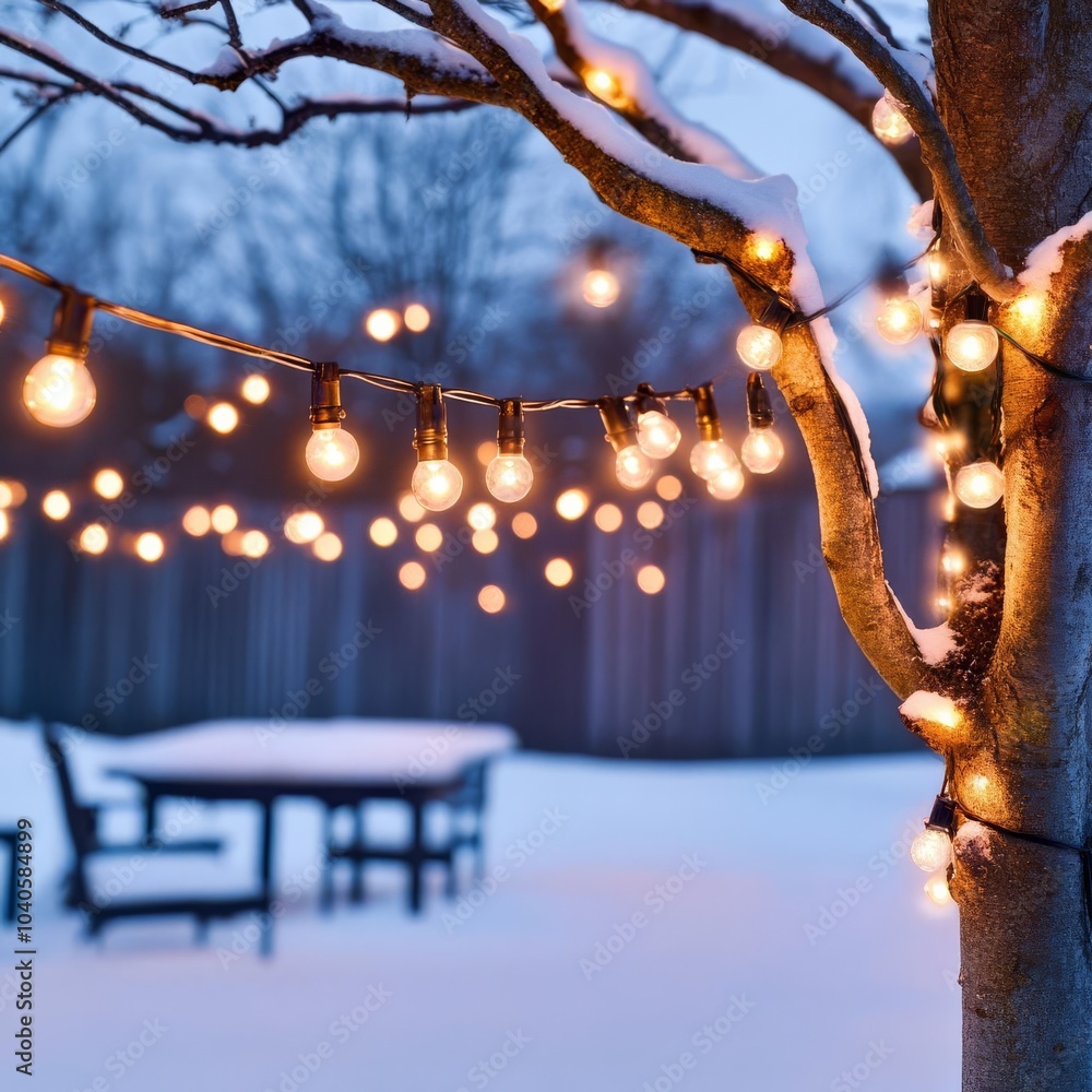 String lights wrapped around a tree in a snowy backyard, casting a warm glow over the snow String lights wrapped around a tree in a snowy backyard, casting a warm glow over the snow