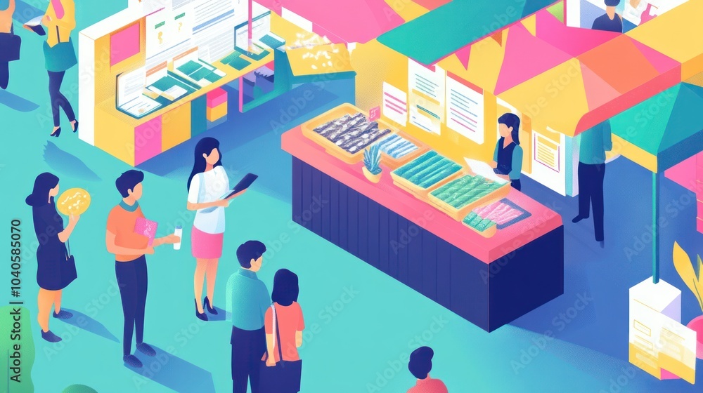 A vibrant illustration depicting a bustling marketplace with diverse people, colorful stalls, and a lively atmosphere. A vibrant illustration depicting a bustling marketplace with diverse people, colorful stalls, and a lively atmosphere.