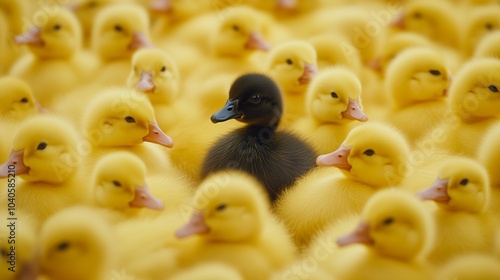 A group of yellow ducklings surrounds a single black ugly duckling, highlighting diversity, contrast and uniqueness in nature.