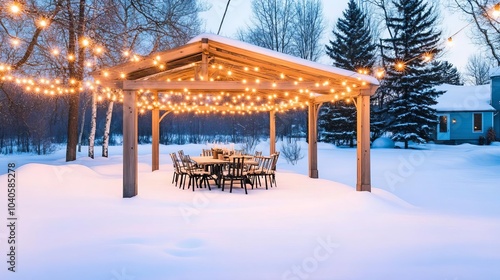 String lights wrapped around a snowy pergola, lighting up a backyard gathering spot photo