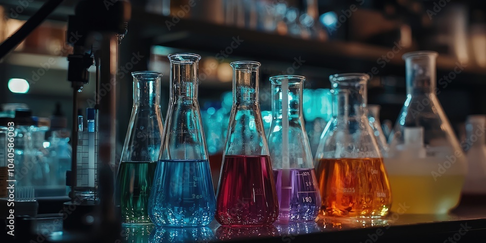 Laboratory scene with an assortment of glassware, including beakers and flasks, filled with colorful liquids. Laboratory scene with an assortment of glassware, including beakers and flasks, filled with colorful liquids.