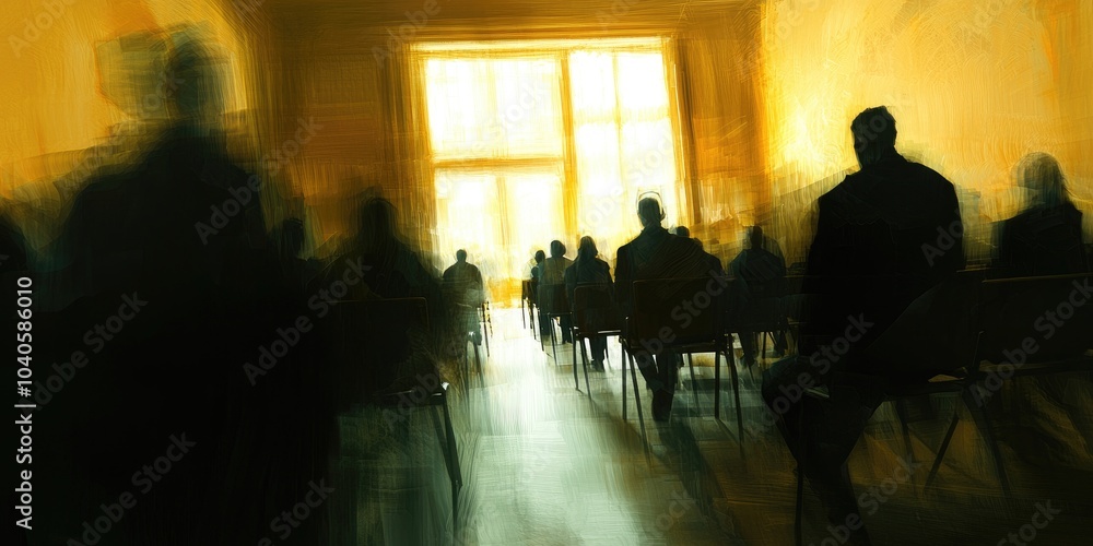 A classroom scene with a lecturer and students, where soft lighting blurs the figures and creates an abstract feel. A classroom scene with a lecturer and students, where soft lighting blurs the figures and creates an abstract feel.