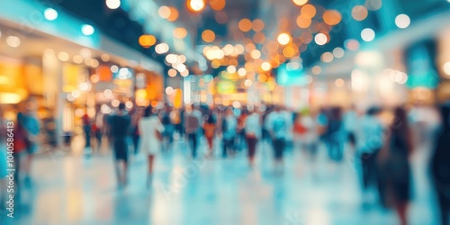 A crowd at an exhibition hall, captured with defocused light, creating a blurry and abstract scene.