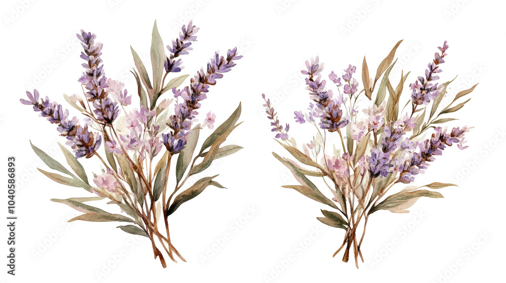 Naklejka premium Charming Watercolor Lavender and Wildflower Bouquets Generative AI