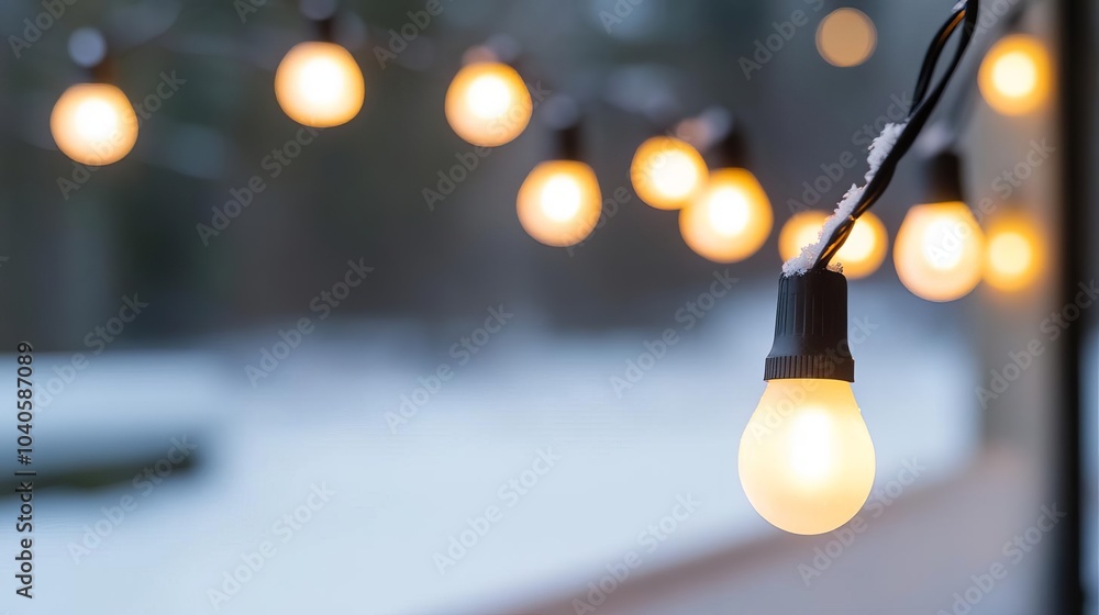 Twinkling string lights on a snow-covered porch, casting a soft glow over the winter scene Twinkling string lights on a snow-covered porch, casting a soft glow over the winter scene