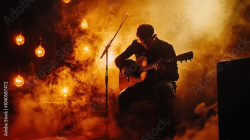 A Solo Guitarist Performs in a Smoky, Orange-Lit Stage