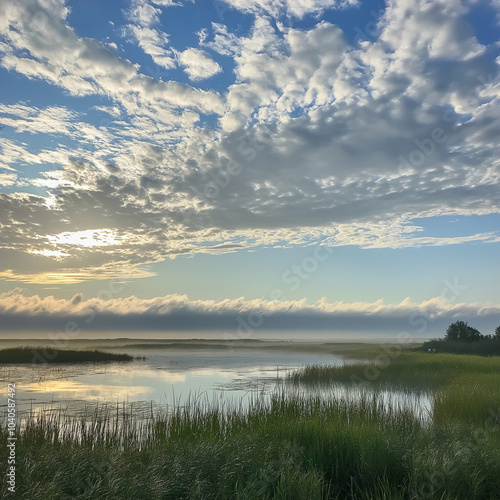 Blanket of Clouds Across the Wetlands: A Serene, Majestic Vista of Nature's Tranquil Beauty