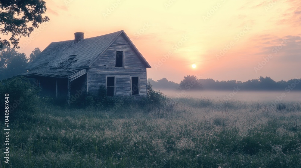 A lambent sunrise casting soft light over an old, abandoned house in a detailed countryside setting. A lambent sunrise casting soft light over an old, abandoned house in a detailed countryside setting.