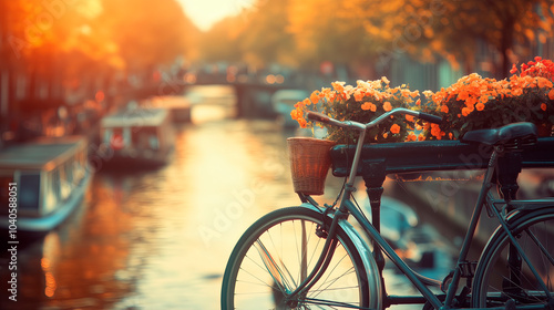 Bicycle parked near flower beds on a background of canals in Amsterdam, cityscape