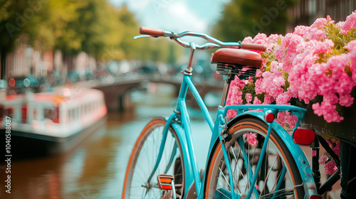 Bicycle parked near flower beds on a background of canals in Amsterdam, cityscape