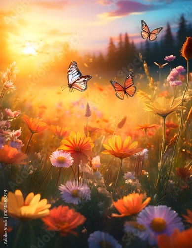 A meadow of wildflowers bathed in golden sunlight with butterflies hovering over the petals