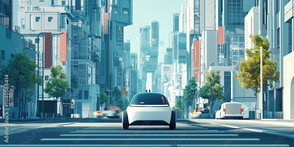 Fototapeta premium An autonomous electric car navigates city streets, representing the future of urban mobility with advanced AI technology.