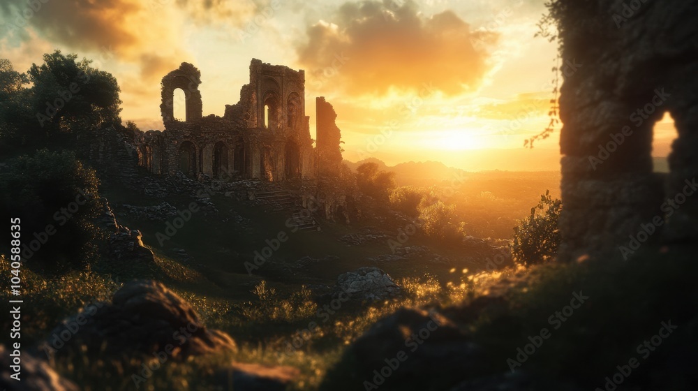 A lambent sunset casting soft light over the ruins of an old castle, with detailed stonework and surrounding landscape. A lambent sunset casting soft light over the ruins of an old castle, with detailed stonework and surrounding landscape.