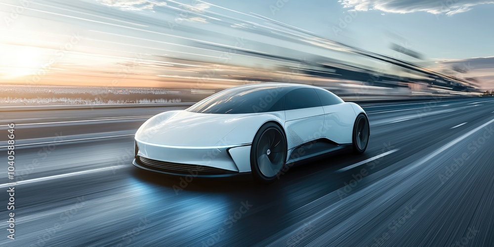 A sleek futuristic electric car speeds down an empty highway, with motion blur emphasizing its advanced technology. A sleek futuristic electric car speeds down an empty highway, with motion blur emphasizing its advanced technology.