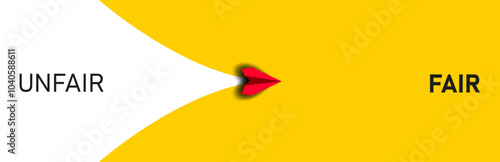 Red plane flying from unfair to fair. red paper airplane. New Idea concept. business life change concept. Different thinking, Business leader, personality development idea concept