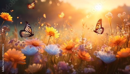 Wallpaper Mural A meadow of wildflowers bathed in golden sunlight with butterflies hovering over the petals Torontodigital.ca