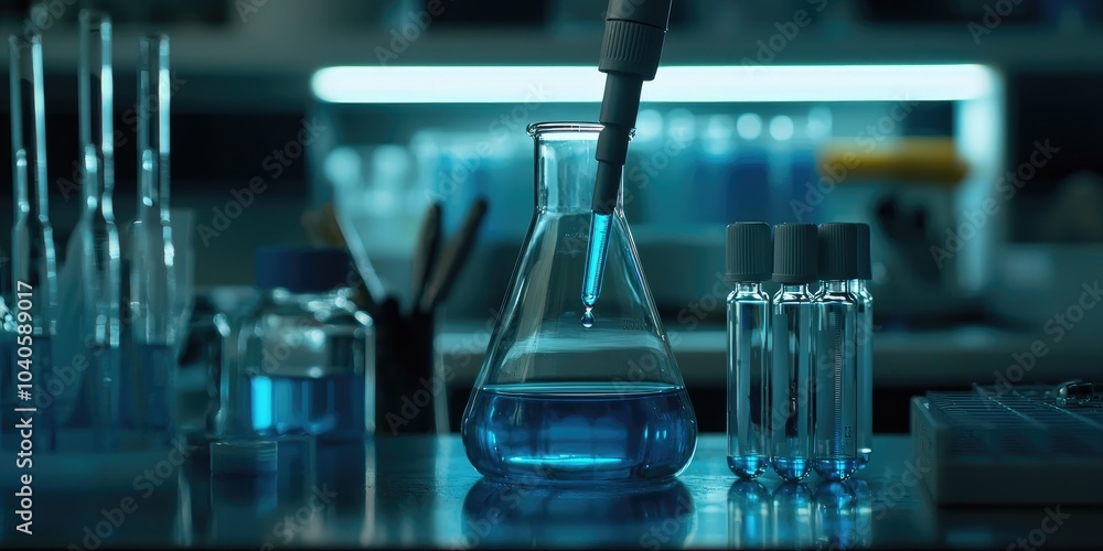 A medical lab scene showing a pipette releasing a drop of blue liquid into a beaker, with scientific tools in the background. A medical lab scene showing a pipette releasing a drop of blue liquid into a beaker, with scientific tools in the background.