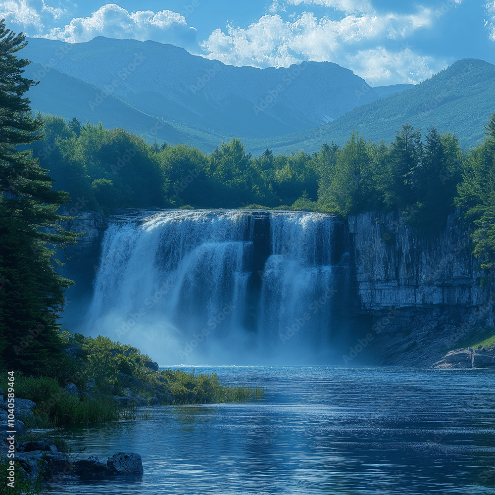 Fototapeta premium Magnificent Waterfall: Cascading Waters and Lush Surroundings Create a Breathtaking Natural Wonder