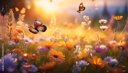 Wallpaper Mural A meadow of wildflowers bathed in golden sunlight with butterflies hovering over the petals Torontodigital.ca