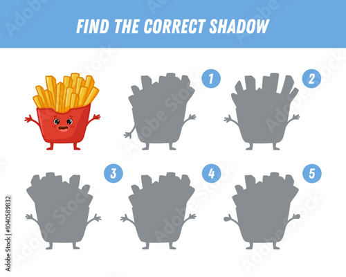 Find correct shadow of cute cartoon french fries with arms and legs. Fast food character.  Educational logical game for children. Vector 