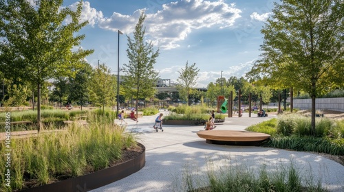 Children Playing in a Modern Urban Park with Lush Greenery