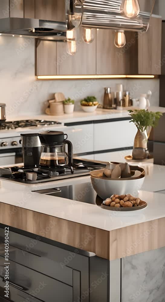 Kitchen island countertop with coffee set modern kitchen background Video 4K vertical Kitchen island countertop with coffee set modern kitchen background Video 4K vertical