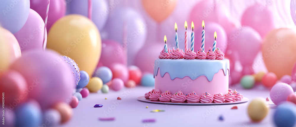 Pink and Blue Birthday Cake with Candles and Balloons Pink and Blue Birthday Cake with Candles and Balloons