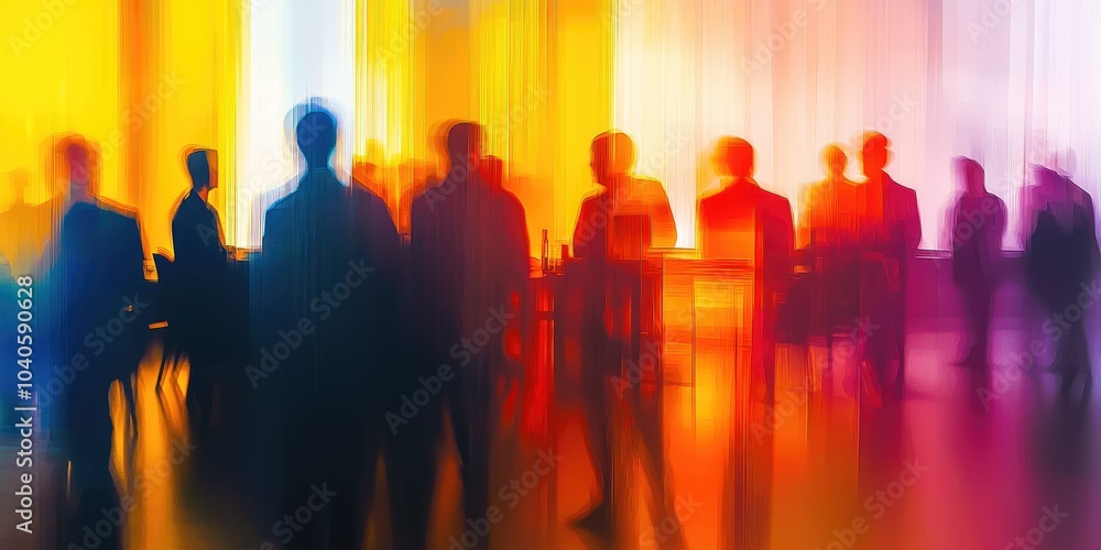 A corporate meeting depicted abstractly, with vibrant lighting and blurred people. A corporate meeting depicted abstractly, with vibrant lighting and blurred people.