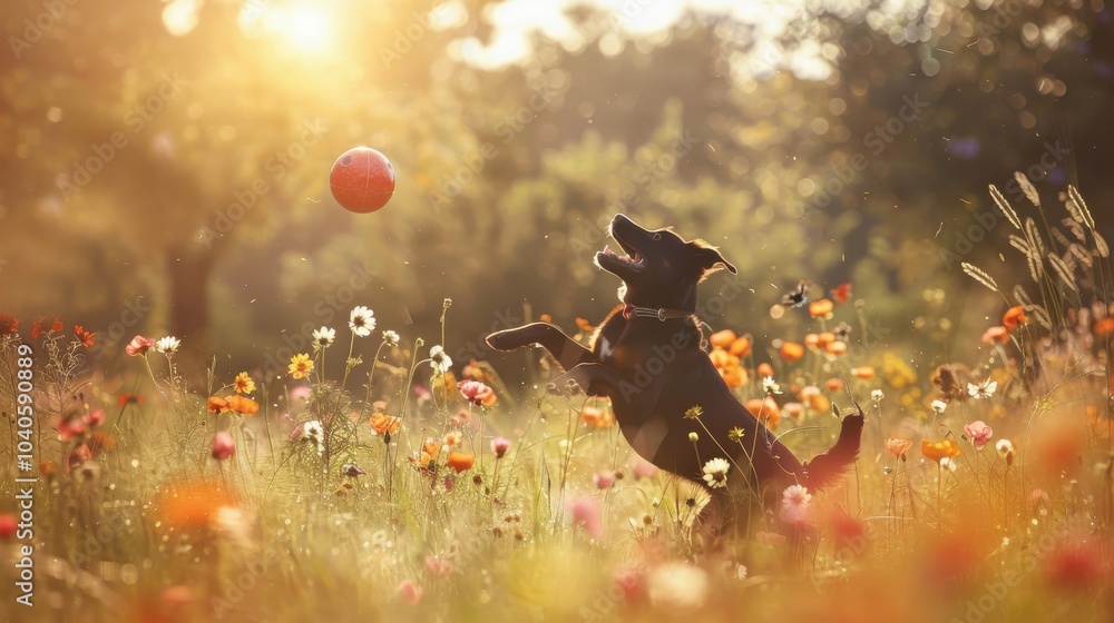 Naklejka premium In the heart of a green field, a joyful puppy pounces after a ball, showing off its playful side.