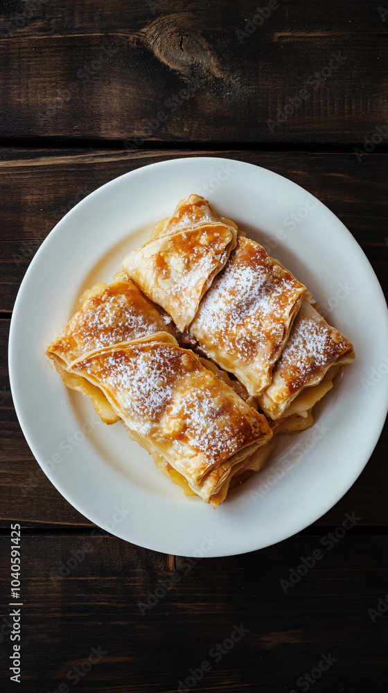 Delicious golden brown puff pastry apple pies sprinkled with powdered sugar lying on white plate