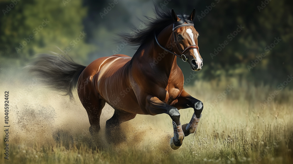 A brown horse in motion on an open field, with pronounced muscles and a mane flowing in the wind. Dust is rising from the grass around it A brown horse in motion on an open field, with pronounced muscles and a mane flowing in the wind. Dust is rising from the grass around it