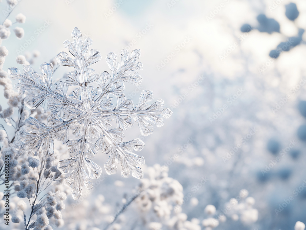 Close-up of ice snowflake on frosty branches in winter Close-up of ice snowflake on frosty branches in winter
