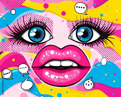 A dynamic composition of halftone lips and eyes with pop-art style speech bubbles, on a backdrop of neon pink, blue, and yellow waves.