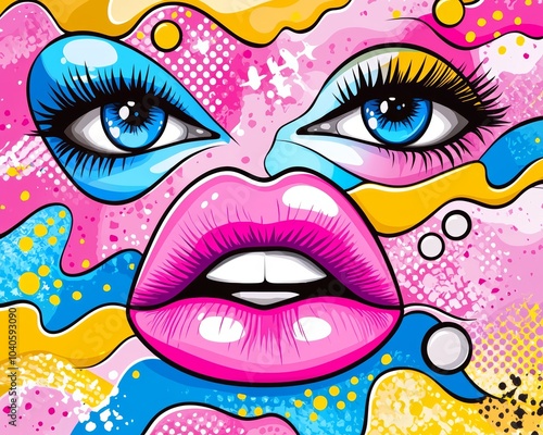 A dynamic composition of halftone lips and eyes with pop-art style speech bubbles, on a backdrop of neon pink, blue, and yellow waves.