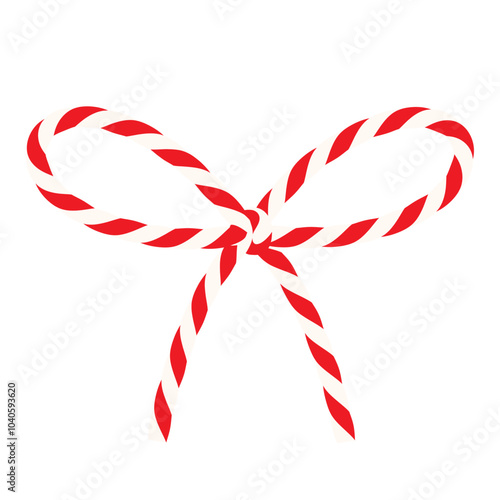 Isolated on transparent background сotton red white rope bakers twine bow and ribbons for gift. Packing string for decoration, present, pastry boxes for New Year, Christmas, birthday. Vector EPS10