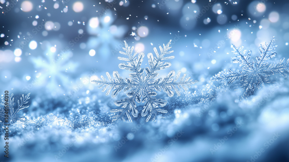 Delicate snowflake on sparkling blue snow background Delicate snowflake on sparkling blue snow background