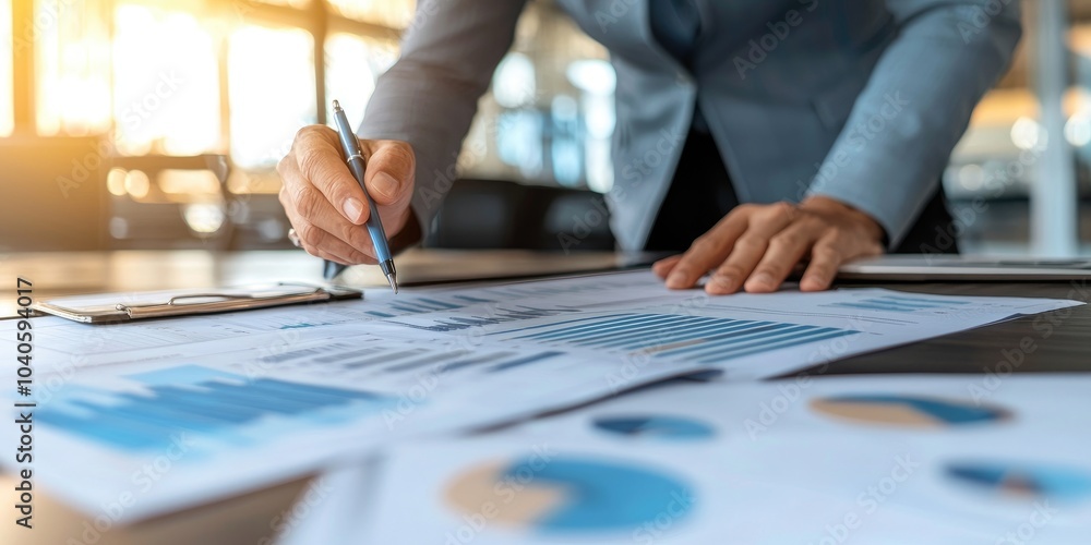 A business strategist analyzing market trends, with charts and documents on the desk, working in a modern office layout. A business strategist analyzing market trends, with charts and documents on the desk, working in a modern office layout.