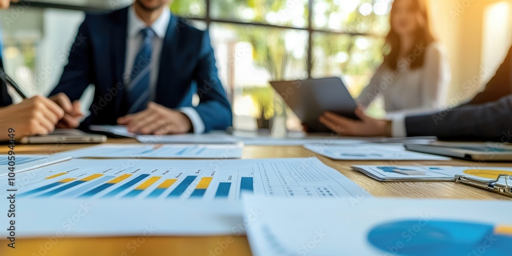 A corporate executive discussing strategic documents in a modern boardroom, fostering a collaborative and professional environment.