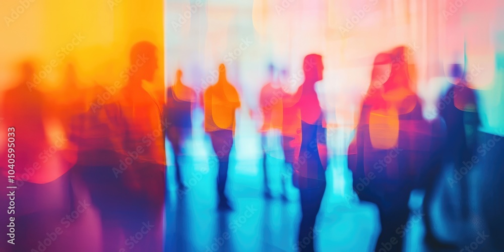 Blurred figures at a press conference, captured with soft lighting and abstract background elements. Blurred figures at a press conference, captured with soft lighting and abstract background elements.