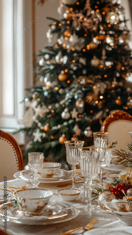 Elegant dining table setup with crystal glassware and golden cutlery in front of decorated Christmas tree. Concept of holiday, exquisite dinner ambiance, luxurious Christmas celebration.. Vertical Elegant dining table setup with crystal glassware and golden cutlery in front of decorated Christmas tree. Concept of holiday, exquisite dinner ambiance, luxurious Christmas celebration.. Vertical