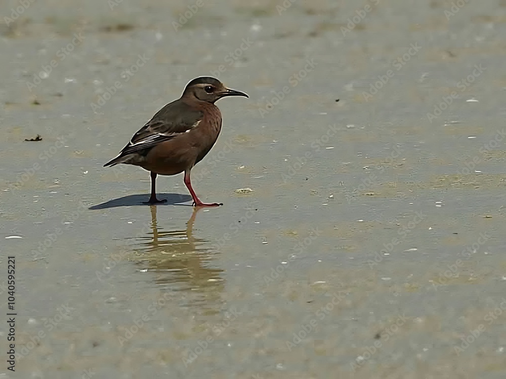 A small bird walks along the wet sand near the shore A small bird walks along the wet sand near the shore