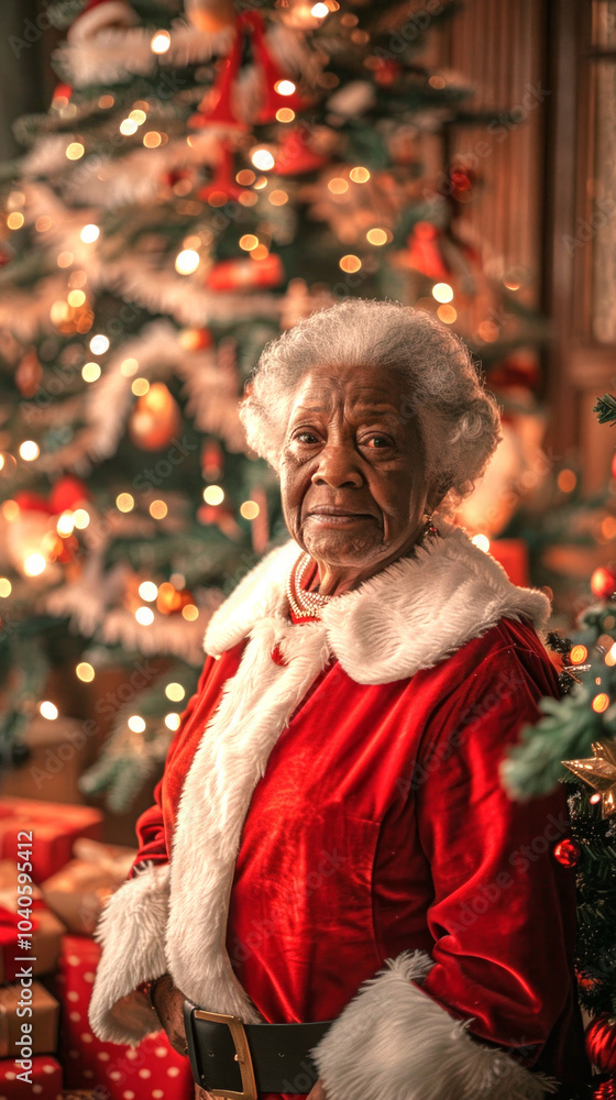 Elderly African American Woman in Santa Costume Standing by Christmas Tree. Concept of Holiday Joy, Festive Season, Christmas Celebrations. Vertical Elderly African American Woman in Santa Costume Standing by Christmas Tree. Concept of Holiday Joy, Festive Season, Christmas Celebrations. Vertical